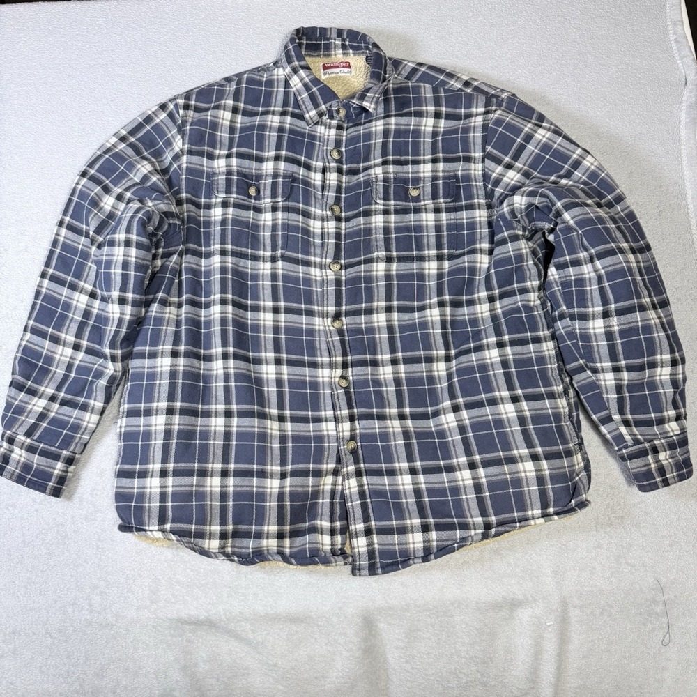 Wrangler Men's L Sherpa Lined Shacket Blue White Plaid Flannel Jacket Coat
